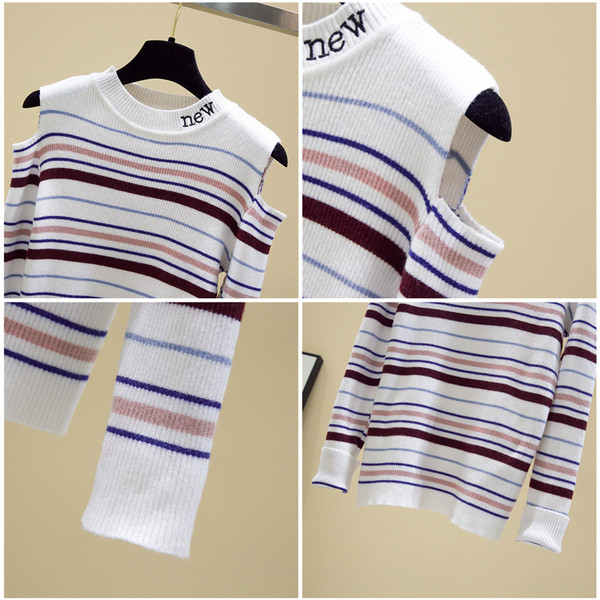 Csíkos női blúz csupasz vállfelirattal