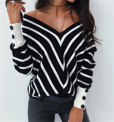 Γυναικείο ριγέ πουλόβερ με λαιμόκοψη σε δύο χρώματα