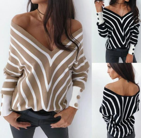 Γυναικείο ριγέ πουλόβερ με λαιμόκοψη σε δύο χρώματα