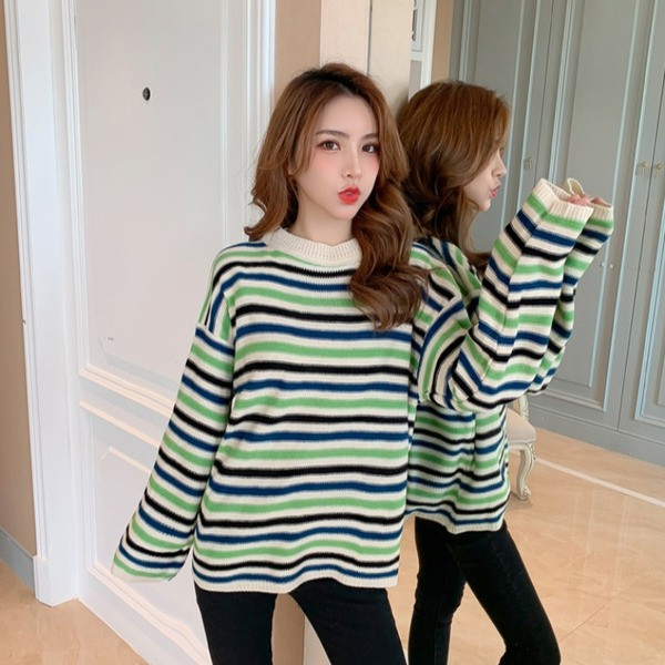 Női alkalmi csíkos pulóver O-nyakkal, két színben