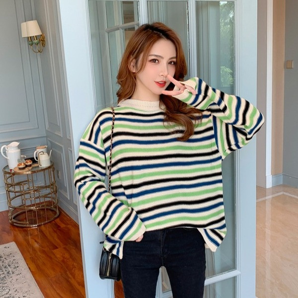 Női alkalmi csíkos pulóver O-nyakkal, két színben