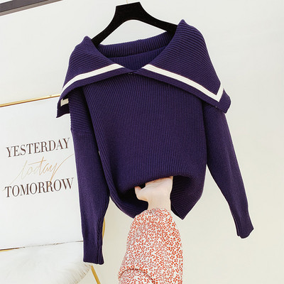 Modern női pulóver gallérral, fehér és sötétkék színben