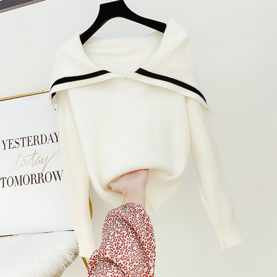 Modern női pulóver gallérral, fehér és sötétkék színben