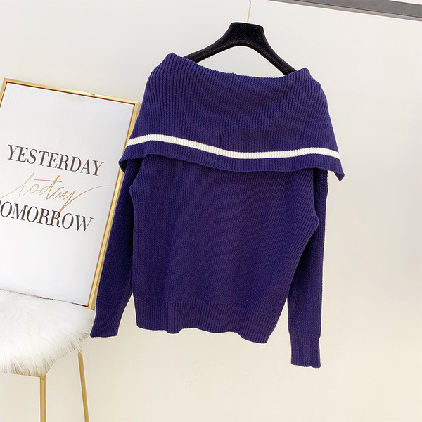 Modern női pulóver gallérral, fehér és sötétkék színben