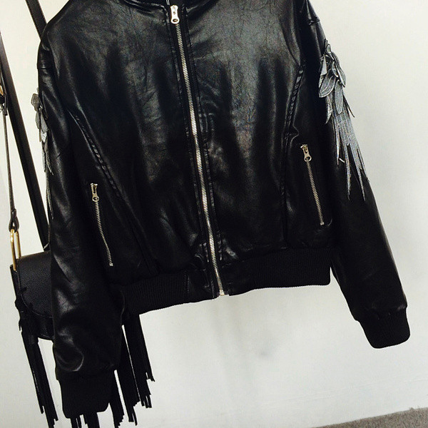 Geacă casual de piele de damă cu element 3D în negru