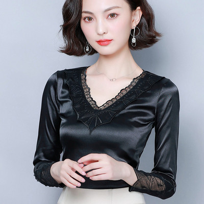 Bluză de damă modernă în trei culori, cu decolteu în V și dantelă