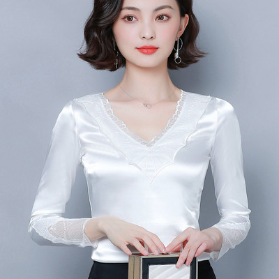 Bluză de damă modernă în trei culori, cu decolteu în V și dantelă