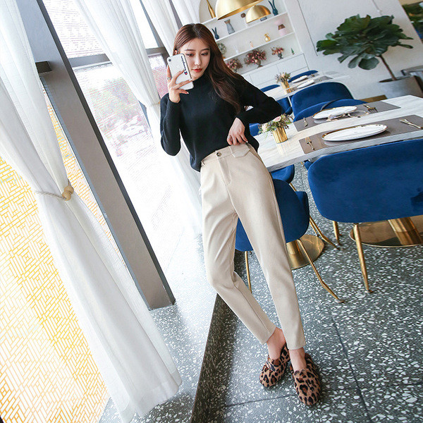 Pantaloni moderni de dama cu talie inalta in bej, gri si negru