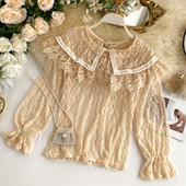 Cămașă de damă din dantelă cu guler în bej, alb și negru