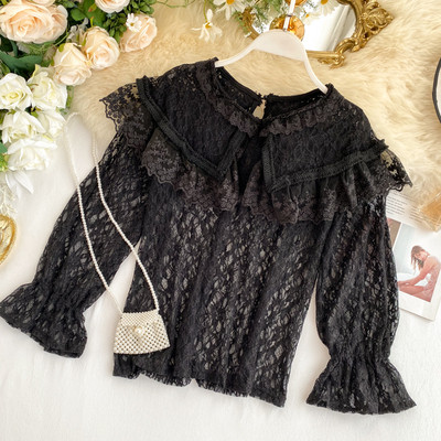 Cămașă de damă din dantelă cu guler în bej, alb și negru