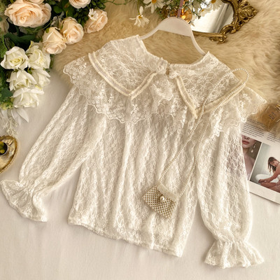 Cămașă de damă din dantelă cu guler în bej, alb și negru