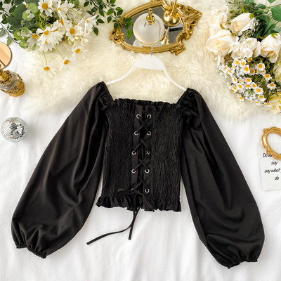 Bluză de damă elastică cu mâneci căzute și cravate în mai multe culori