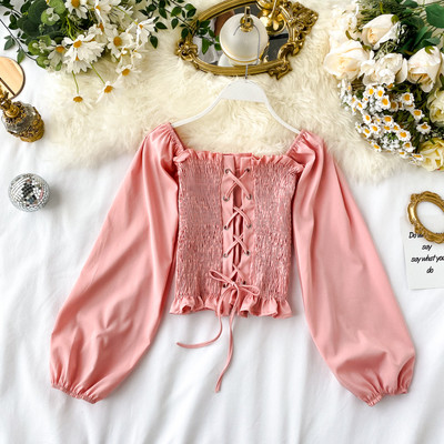 Bluză de damă elastică cu mâneci căzute și cravate în mai multe culori