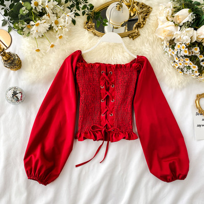 Bluză de damă elastică cu mâneci căzute și cravate în mai multe culori