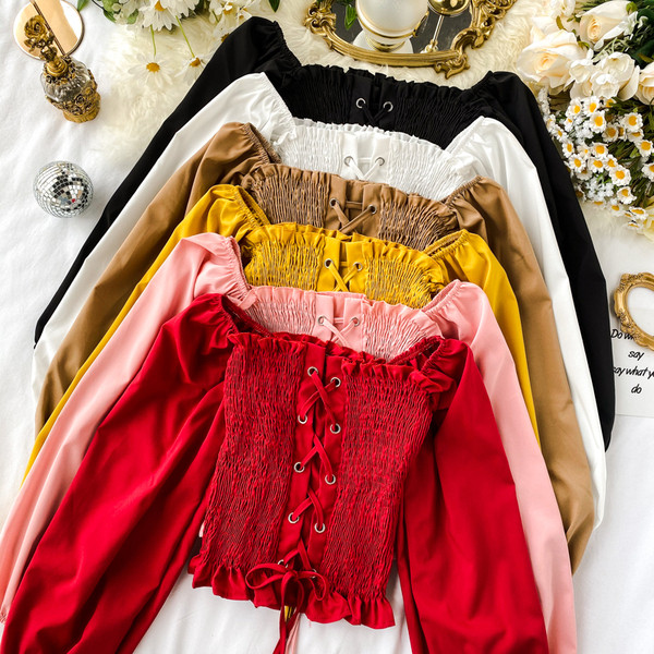 Bluză de damă elastică cu mâneci căzute și cravate în mai multe culori