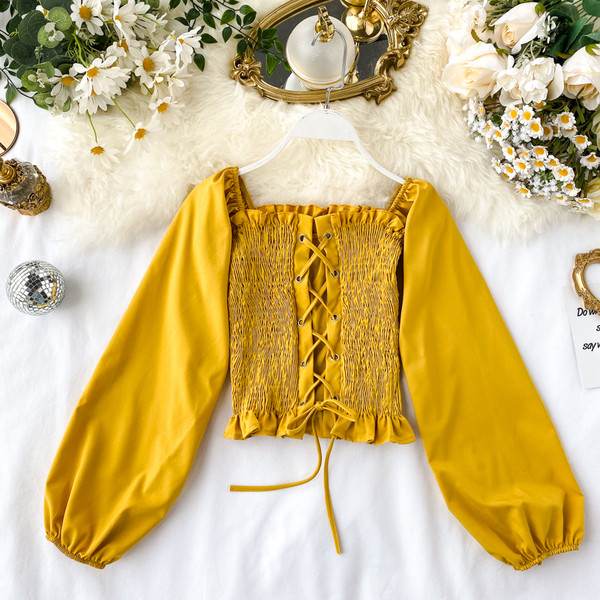 Bluză de damă elastică cu mâneci căzute și cravate în mai multe culori