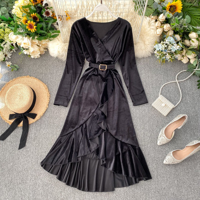 Rochie moderna de dama lunga din catifea cu curea in mai multe culori