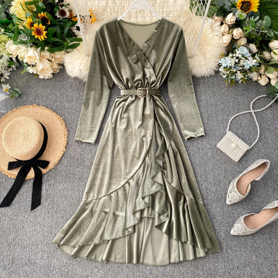 Rochie moderna de dama lunga din catifea cu curea in mai multe culori