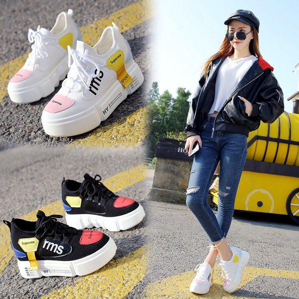 Adidasi moderni de dama cu talpa groasa in alb si negru