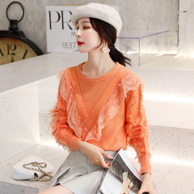 Pulover de dama modern cu decolteu O si dantela in portocaliu, alb si verde