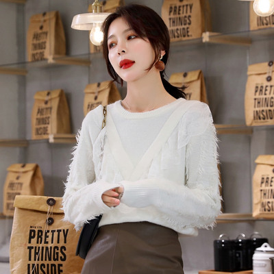 Pulover de dama modern cu decolteu O si dantela in portocaliu, alb si verde