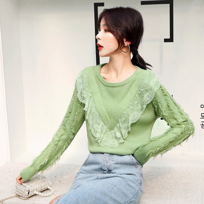 Pulover de dama modern cu decolteu O si dantela in portocaliu, alb si verde