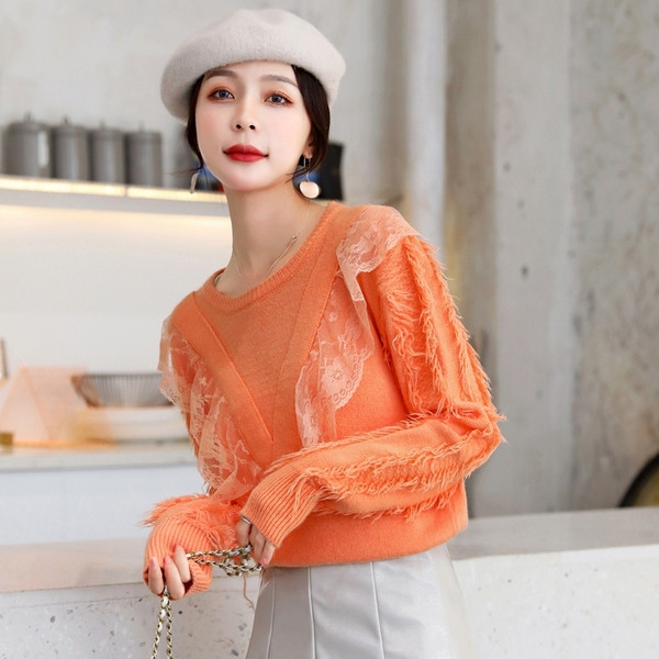 Pulover de dama modern cu decolteu O si dantela in portocaliu, alb si verde