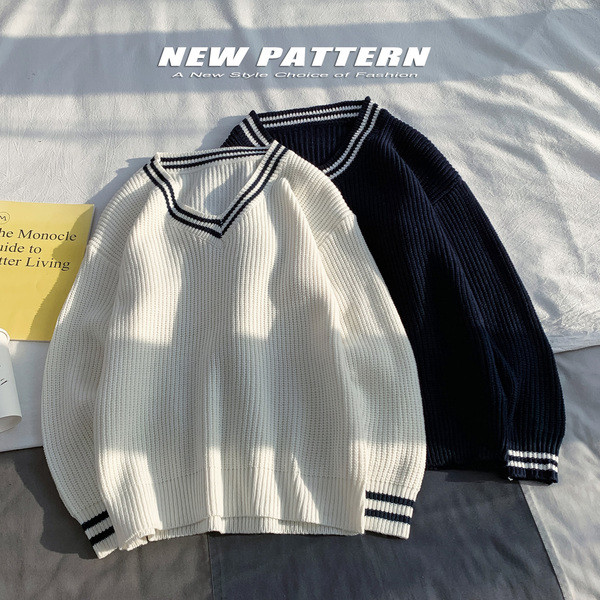 Pulover casual pentru bărbați cu decolteu spitz în albastru și alb