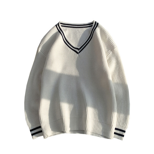 Pulover casual pentru bărbați cu decolteu spitz în albastru și alb