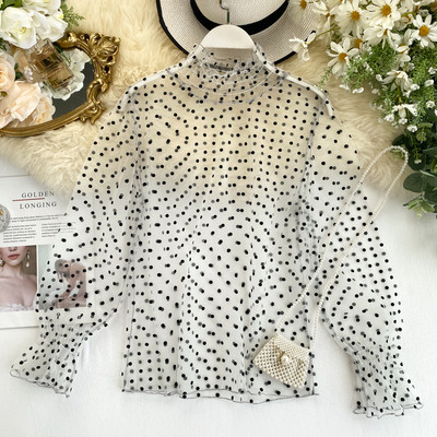 Cămașă elegantă de damă cu guler înalt în mai multe culori de puncte