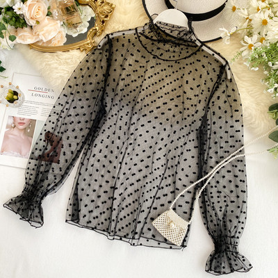 Cămașă elegantă de damă cu guler înalt în mai multe culori de puncte