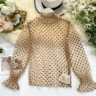 Cămașă elegantă de damă cu guler înalt în mai multe culori de puncte