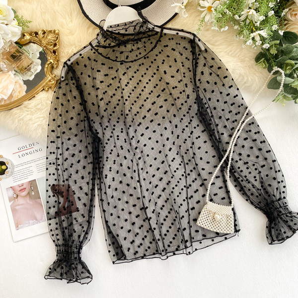 Cămașă elegantă de damă cu guler înalt în mai multe culori de puncte