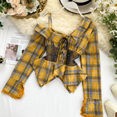 Cămașă de damă în carouri elegantă cu cravate în trei culori