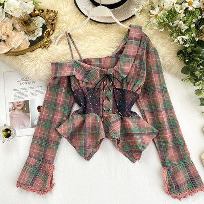 Cămașă de damă în carouri elegantă cu cravate în trei culori