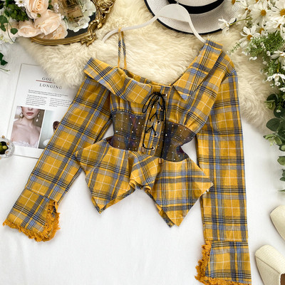 Cămașă de damă în carouri elegantă cu cravate în trei culori