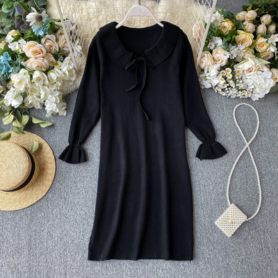 Rochie casual de dama cu panglica si maneci lungi in bej si negru