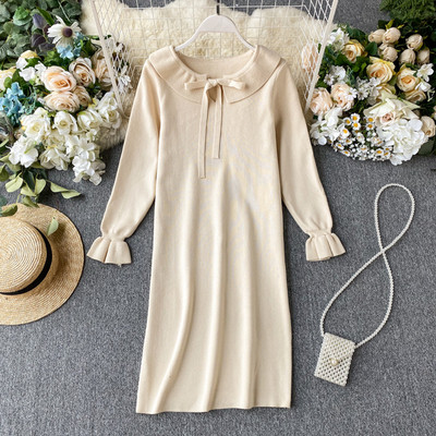 Rochie casual de dama cu panglica si maneci lungi in bej si negru