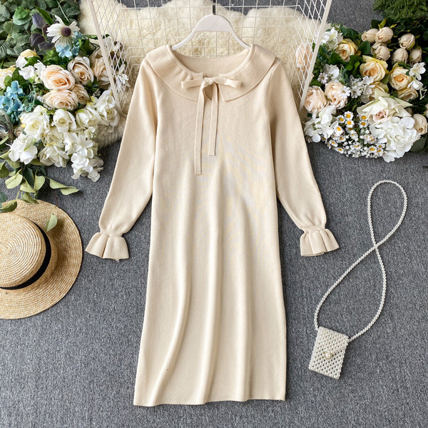 Rochie casual de dama cu panglica si maneci lungi in bej si negru