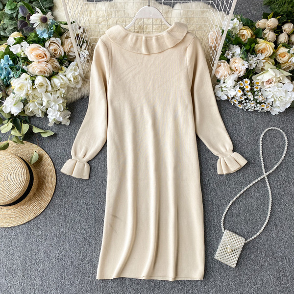 Rochie casual de dama cu panglica si maneci lungi in bej si negru