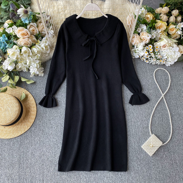 Rochie casual de dama cu panglica si maneci lungi in bej si negru