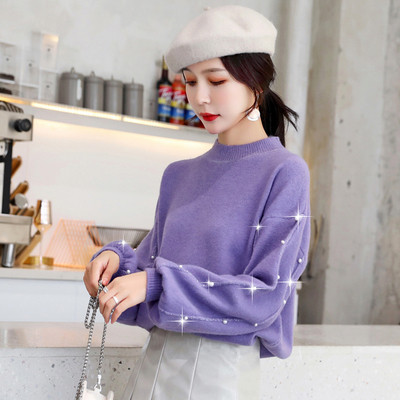 Νέο μοντέλο μοντέρνο γυναικέιο πουλόβερμε πέρλες και λαιμόκοψη