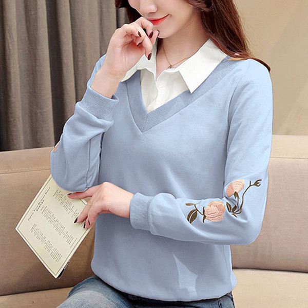 Bluza de dama moderna in doua culori cu broderie si guler clasic