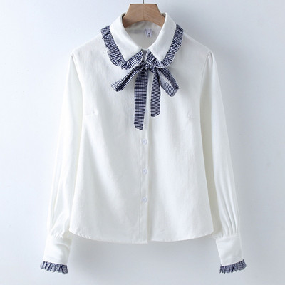Cămașă elegantă de damă în alb și albastru, cu panglică și nasturi