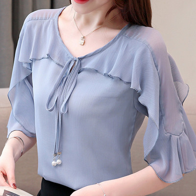 Bluza de dama actuala in patru culori cu cravate si decolteu in V