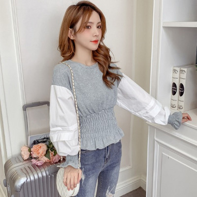 Μοντέρνα γυναικεία μπλούζα με μακρύ μανίκι σε γκρι και πορτοκαλί χρώμα