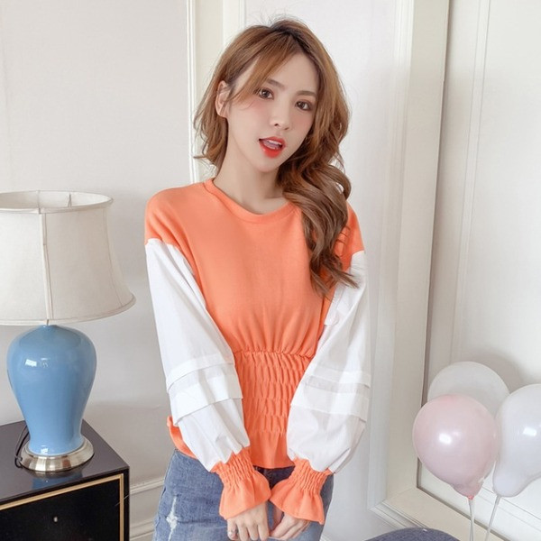 Μοντέρνα γυναικεία μπλούζα με μακρύ μανίκι σε γκρι και πορτοκαλί χρώμα