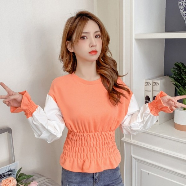 Μοντέρνα γυναικεία μπλούζα με μακρύ μανίκι σε γκρι και πορτοκαλί χρώμα