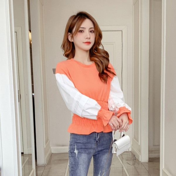 Μοντέρνα γυναικεία μπλούζα με μακρύ μανίκι σε γκρι και πορτοκαλί χρώμα