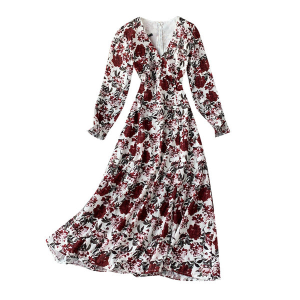 Modern női ruha hosszú ujjal, fehér virágmintával